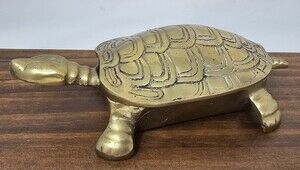 Vintage MCM Solid Brass Turtle Trinket Box Hinged Lid 6 Inches Long